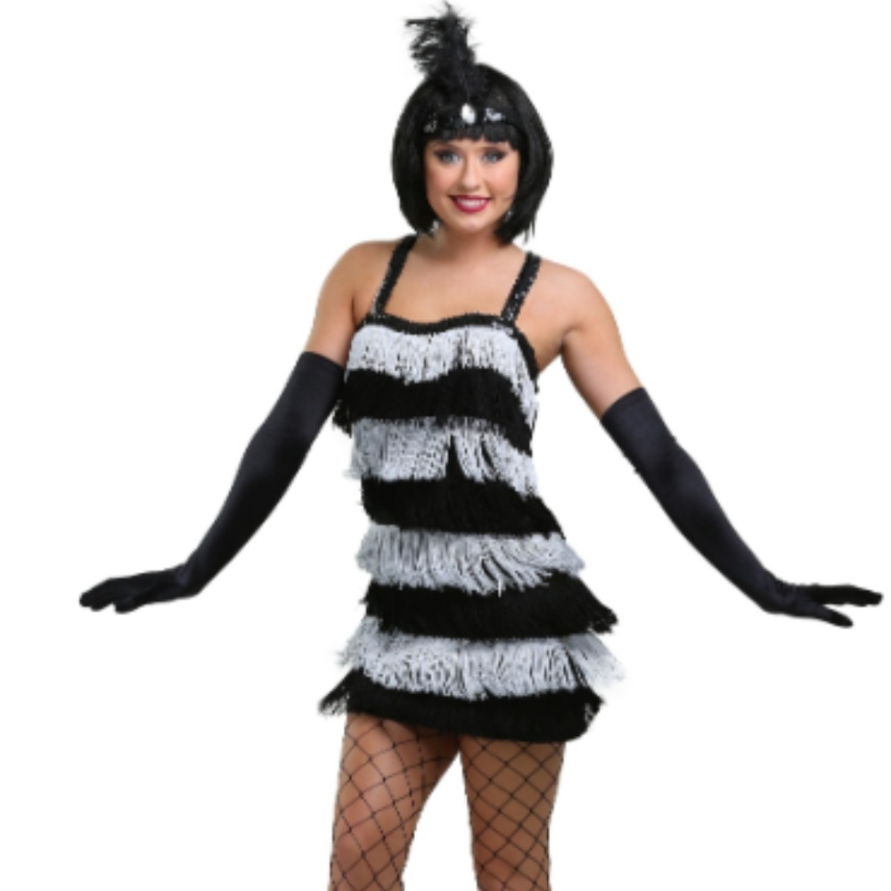 HALLOWEEN FRINGED SILVER & BLACK FLAPPER COSTUME